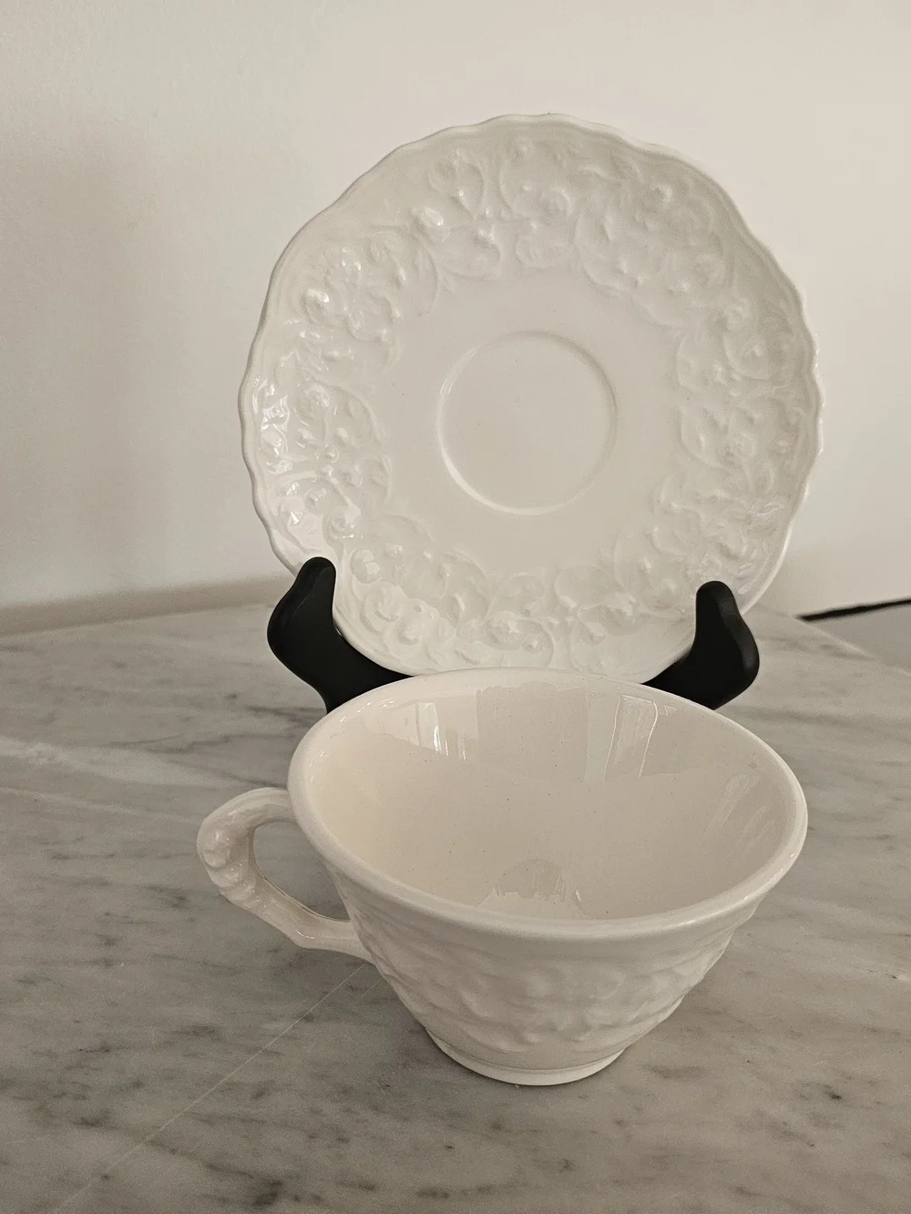 Steubenville Rose Point Tea Cup & Saucer Set White Embossed Floral Vintage